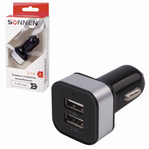 Зарядное устройство автомобильное SONNEN, 2 порта USB, выходной ток 2,1 А, черное-белое, 454796 фото 3