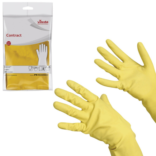 Перчатки хозяйственные резиновые VILEDA "Контракт" с х/б напылением, размер L , желтые