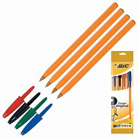 Ручки шариковые BIC "Orange Original Fine", 4 шт., пластиковая упаковка с европодвесом, ассорти