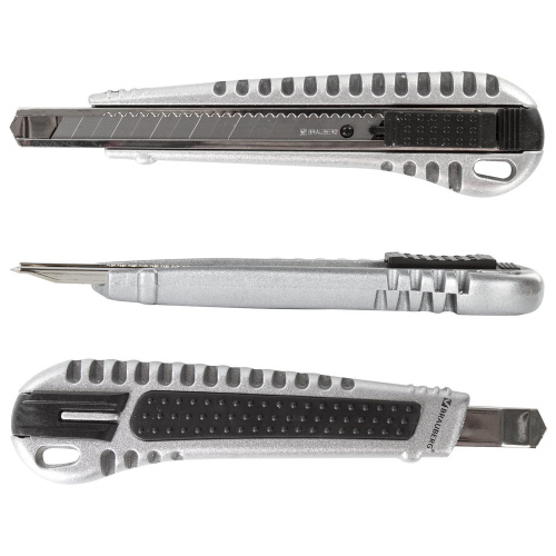 Нож универсальный BRAUBERG "Metallic", 9 мм, металлический корпус, автофиксатор, блистер фото 5