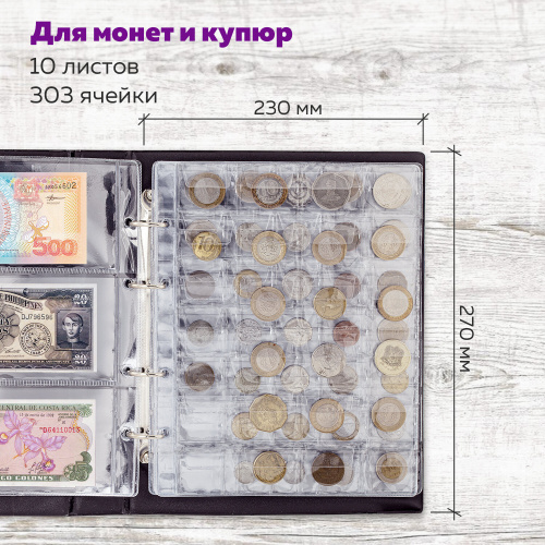 Альбом нумизмата STAFF "OPTIMA", для 297 монет и 6  купюр, 230х270 мм, ПВХ, коричневый фото 9