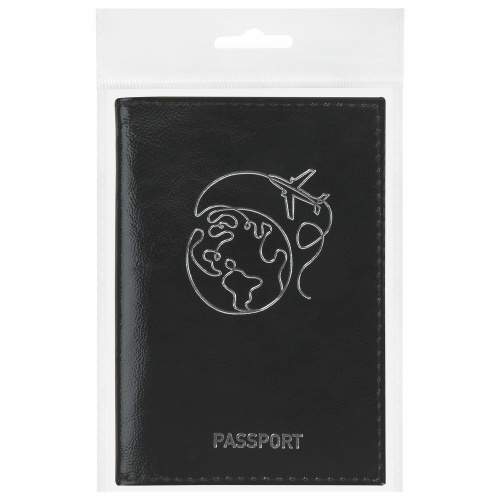 Обложка для паспорта натуральная кожа "наплак", тиснение серебром "Airplane", черная, BRAUBERG фото 5