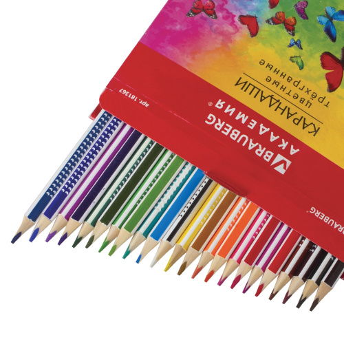 Карандаши цветные BRAUBERG "БАБОЧКИ", 24 цвета, трехгранные заточенные, корпус с полосками фото 4