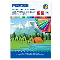 Цветная бумага BRAUBERG "Путешествие", А4, мелованная (глянцевая), 24 листа, 24 цвета, на скобе