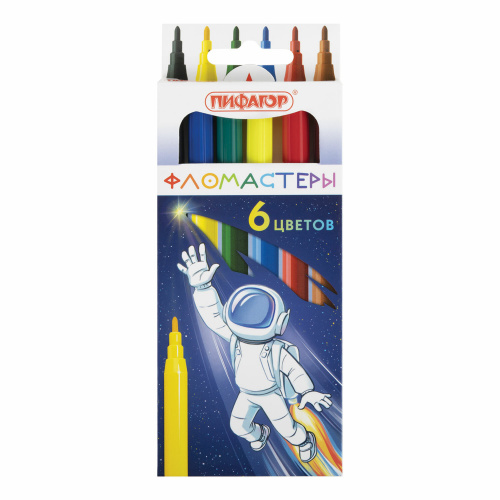 Фломастеры ПИФАГОР "Космическая одиссея", 6 цветов, вентилируемый колпачок, 152443 фото 2