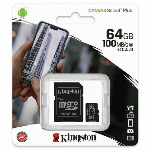 Карта памяти KINGSTON Canvas Select Plus, microSDXC 64 GB, UHS-I U1, 100 Мб/с, адаптер фото 2