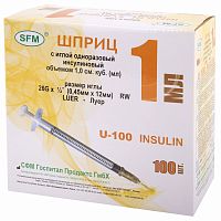 Шприц инсулиновый SFM, 1 мл, 100 шт., в коробке, U-100 игла 0,45х12 мм