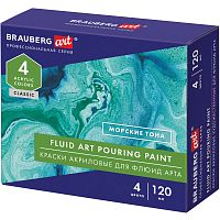 Краски акриловые для техники BRAUBERG ART "Флюид Арт", 4 цвета, 120 мл, морские тона