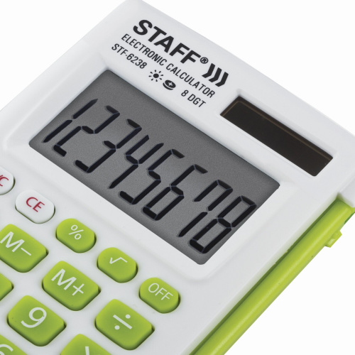 Калькулятор карманный STAFF, 104х63 мм, 8 разядов, двойное питание, белый с зелеными кнопки фото 4
