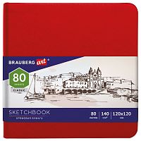 Скетчбук BRAUBERG ART CLASSIC, красный, слоновая кость 140 г/м2 120х120 мм, 80 л., резинка