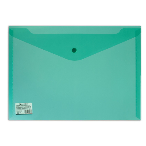 Папка-конверт с кнопкой BRAUBERG, А4, до 100 листов, прозрачная, зеленая фото 3