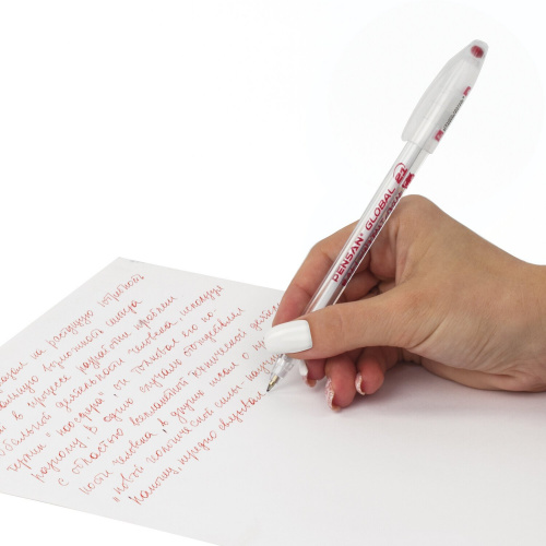 Ручка шариковая масляная PENSAN "Global-21", корпус прозрачный, линия письма 0,3 мм, красная фото 8
