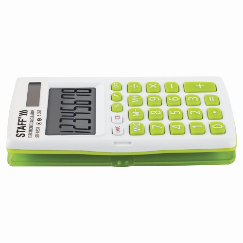 Калькулятор карманный STAFF, 104х63 мм, 8 разядов, двойное питание, белый с зелеными кнопки фото 9