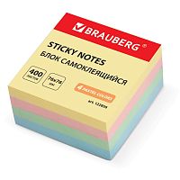Блок самоклеящийся (стикеры), BRAUBERG, 76х76 мм, 400 л., 4 цвета, пастельные