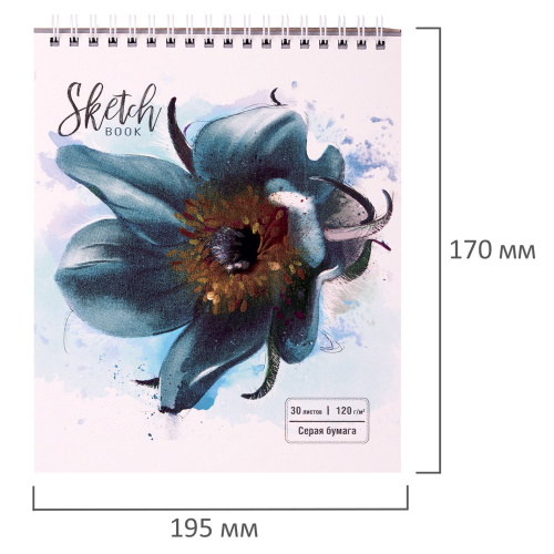 Скетчбук ПЗБМ "Цветок", серая бумага 120 г/м2, 170х195 мм, 30 л., гребень, подложка, цветная фольга фото 2