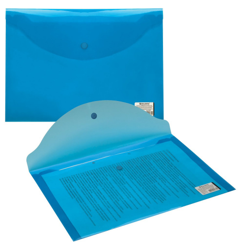 Папка-конверт с кнопкой BRAUBERG, А4, до 100 листов, 0,15 мм, прозрачная, синяя фото 2