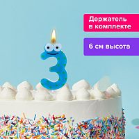 Свеча-цифра для торта ЗОЛОТАЯ СКАЗКА "3" "С глазками", 6 см, с держателем, в блистере