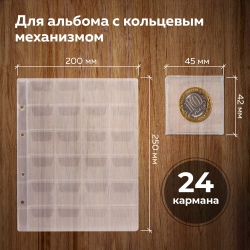 Листы-вкладыши для монет для альбома ТОП-СПИН "Оптима", 5 шт., 200х250 мм, 24 кармана фото 5