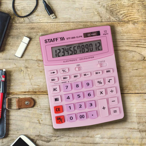 Калькулятор настольный STAFF, 200х150 мм, 12 разрядов, двойное питание, розовый фото 8
