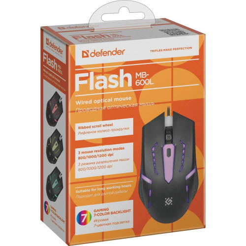 Мышь проводная DEFENDER Flash MB-600L, 800-1200 dpi, 4 кнопки, 1 колесо-кнопка, черная фото 6