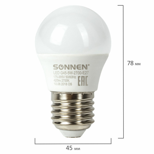 Лампа светодиодная SONNEN, 5 (40) Вт, цоколь E27, шар, теплый белый свет, 30000 ч фото 4