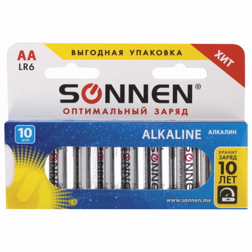 Батарейки SONNEN Alkaline, АА, 10 шт/компл., алкалиновые, пальчиковые фото 2