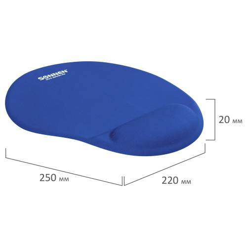 Коврик для мыши с подушкой под запястье SONNEN, полиуретан + лайкра, 250х220х20 мм, синий фото 7