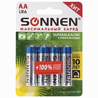Батарейки SONNEN Super Alkaline, АА, 4 шт., алкалиновые, пальчиковые, блистер
