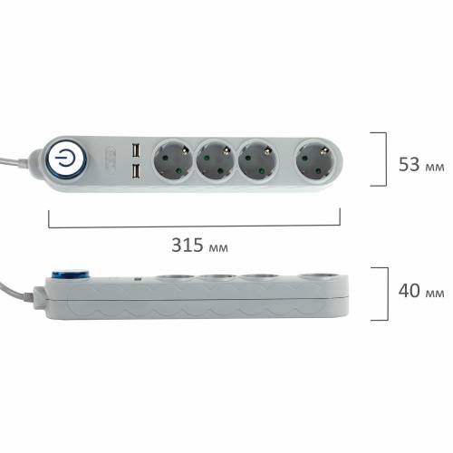 Сетевой фильтр SONNEN DX04, 4 розетки, 2 USB-порта, с заземлением, 10 А, 1,5 м, серый фото 4