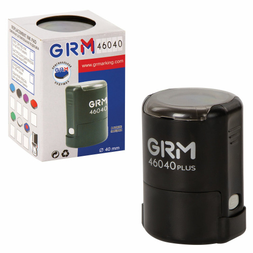 Оснастка для печатей GRM, оттиск D=40 мм, синий, корпус черный, крышка, подушка фото 2