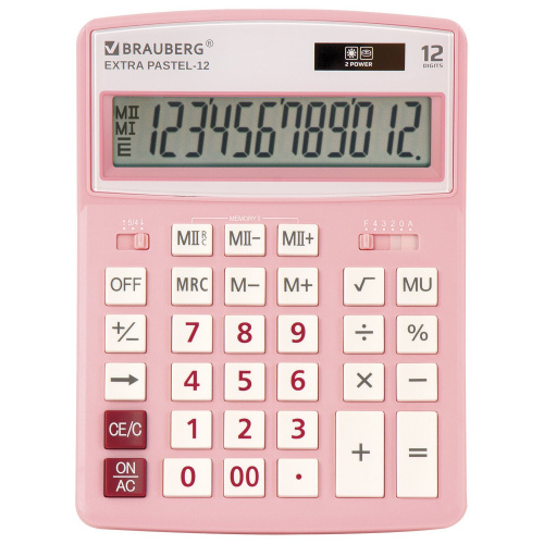 Калькулятор настольный BRAUBERG, 206x155 мм, 12 разрядов, двойное питание, розовый