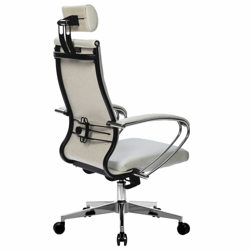 Кресло офисное МЕТТА "К-34" хром, рецик. кожа, подголовник, сиденье и спинка мягкие, белое фото 3