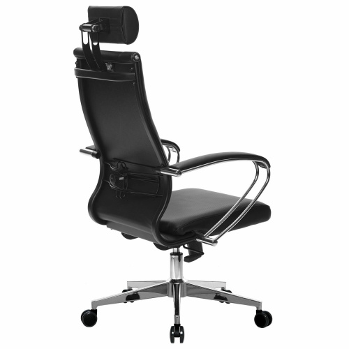 Кресло офисное МЕТТА "К-33" хром, рецик. кожа, подголовник, сиденье и спинка мягкие, черное фото 3