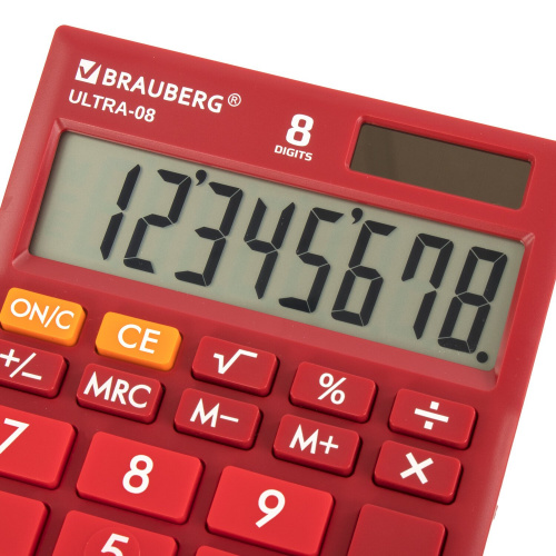 Калькулятор настольный BRAUBERG, 154x115 мм, 8 разрядов, двойное питание, бордовый фото 5