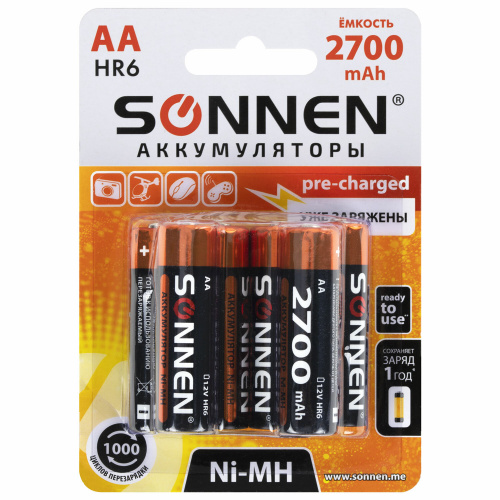 Батарейки аккумуляторные Ni-Mh пальчиковые КОМПЛЕКТ 6 шт., АА (HR6) 2700 mAh, SONNEN, 455608 фото 6