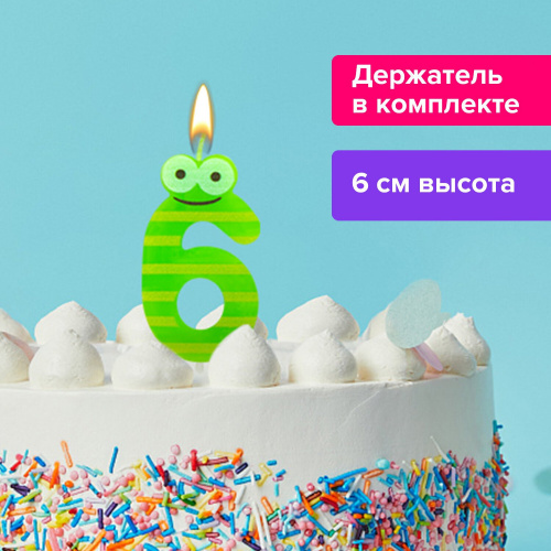 Свеча-цифра для торта ЗОЛОТАЯ СКАЗКА "6" "С глазками", 6 см, с держателем, в блистере