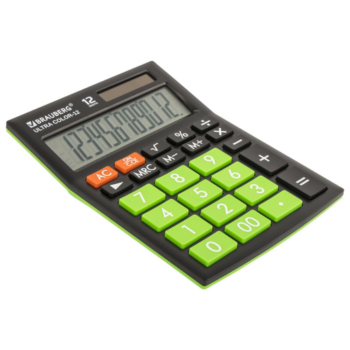 Калькулятор настольный BRAUBERG, 192x143 мм, 12 разрядов, двойное питание, черно-салатовый фото 2