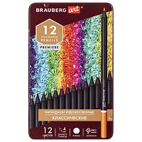 Карандаши художественные цветные BRAUBERG ART PREMIERE, 12 цветов, мягкий, грифель 4 мм, металл