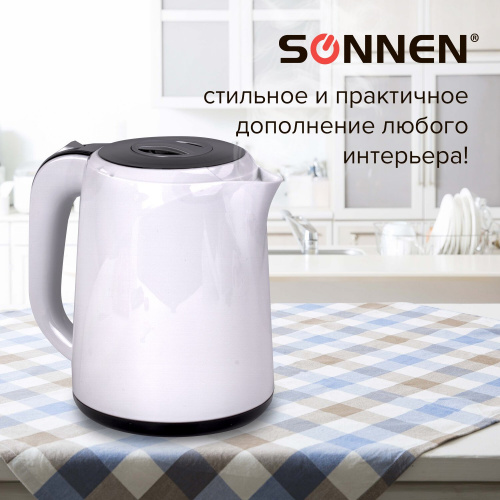 Чайник SONNEN KT-002B, 1,7 л, 2200 Вт, закрытый нагревательный элемент, пластик, белый/черный фото 6