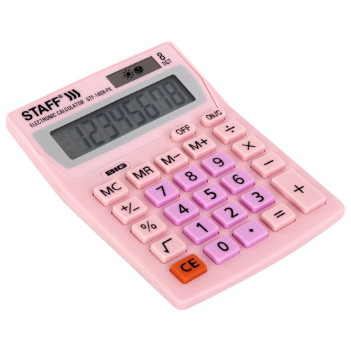 Калькулятор настольный STAFF, 140х105 мм, 8 разрядов, двойное питание, розовый фото 2