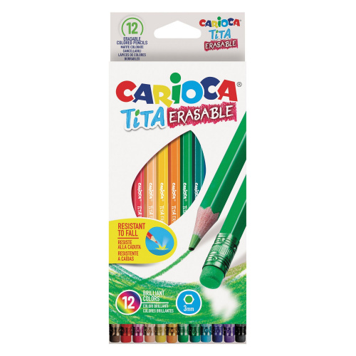 Карандаши цветные стираемые с резинкой CARIOCA "Erasable", 12 цветов, пластик, шестигранные