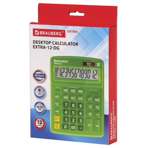 Калькулятор настольный BRAUBERG, 206x155 мм, 12 разрядов, двойное питание, зеленый фото 3