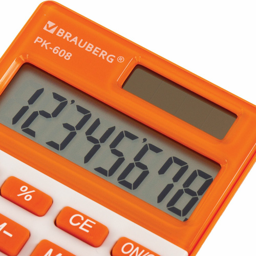 Калькулятор карманный BRAUBERG, 107x64 мм, 8 разрядов, двойное питание, оранжевый фото 3