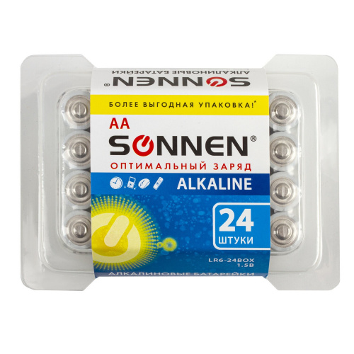 Батарейки SONNEN Alkaline, АА, 24 шт., алкалиновые, пальчиковые, короб фото 3