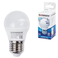 Лампа светодиодная SONNEN, 5 (40) Вт, цоколь E27, шар, холодный белый свет, 30000 ч