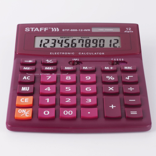 Калькулятор настольный STAFF, 200х150 мм, 12 разрядов, двойное питание, бордовый фото 7