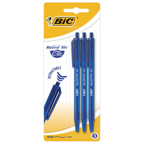Ручки шариковые автоматические BIC "Round Stic Clic", 3 шт., линия письма 0,32 мм, блистер, синие