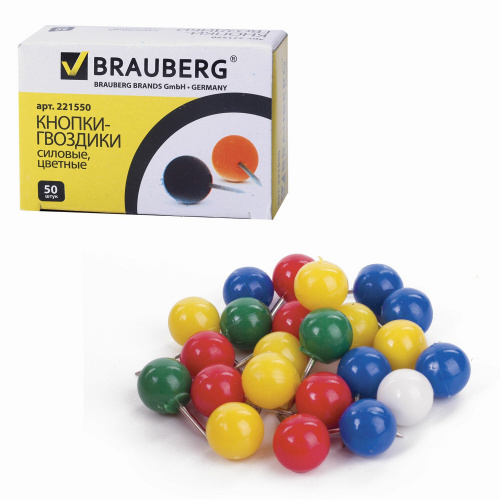 Силовые кнопки-гвоздики BRAUBERG, цветные (шарики), 50 шт., в картонной коробке фото 2