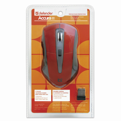 Мышь беспроводная DEFENDER ACCURA MM-965, USB, 5 кнопок + 1 колесо-кнопка, оптическая, красно-серая фото 5