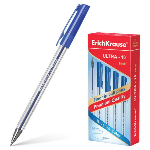 Ручка шариковая масляная ERICH KRAUSE "Ultra-10", корпус прозрачный, линия письма 0,26 мм, синяя